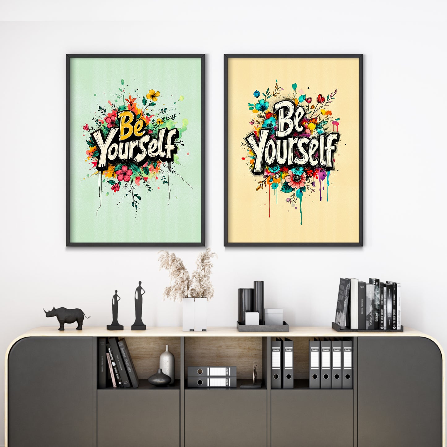 Set of 2 - Minimalist Motivational Wall Art | Be Yourself Floral Quote Prints | Digital Download, Printable Artwork for Home & Office Decor