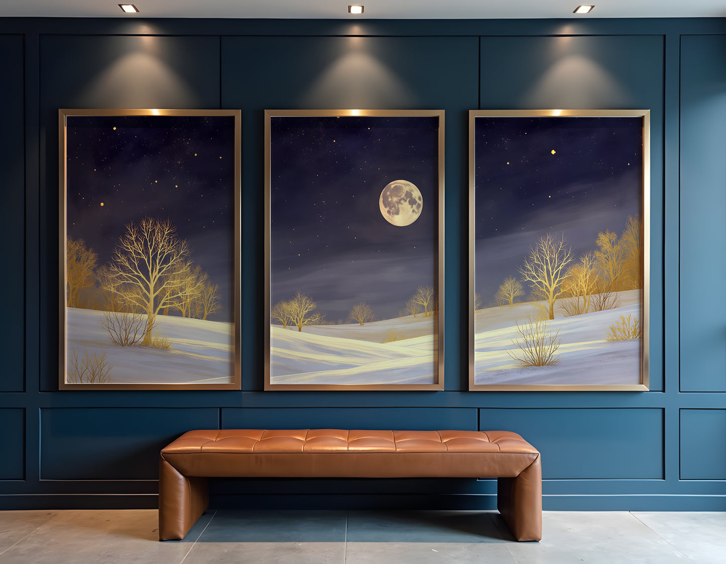 Golden Moonlight Triptych Wall Art: Modern 3 Panel Wall Prints (Digital Download)