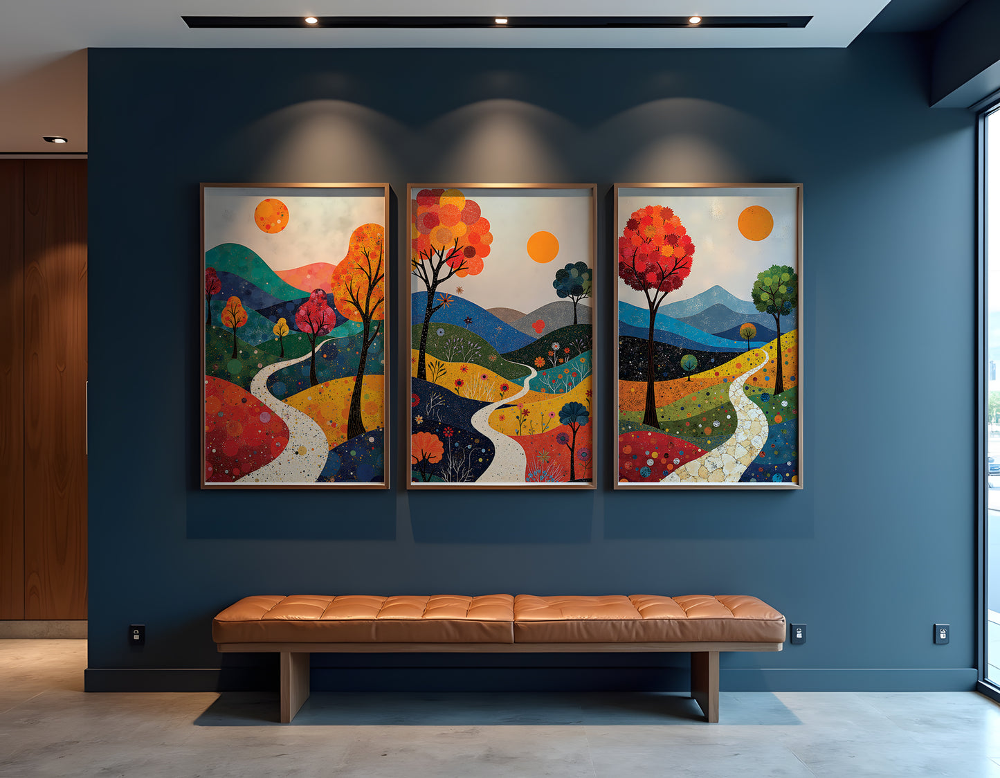 December Landscape Triptych, Vibrant Mixed Media Wall Art, Winter Digital Download, 3 Panel Printable Artwork, 24x36 JPG, Modern Living Room Decor