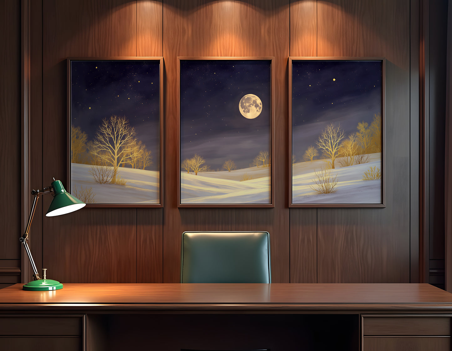 Golden Moonlight Triptych Wall Art: Modern 3 Panel Wall Prints (Digital Download)