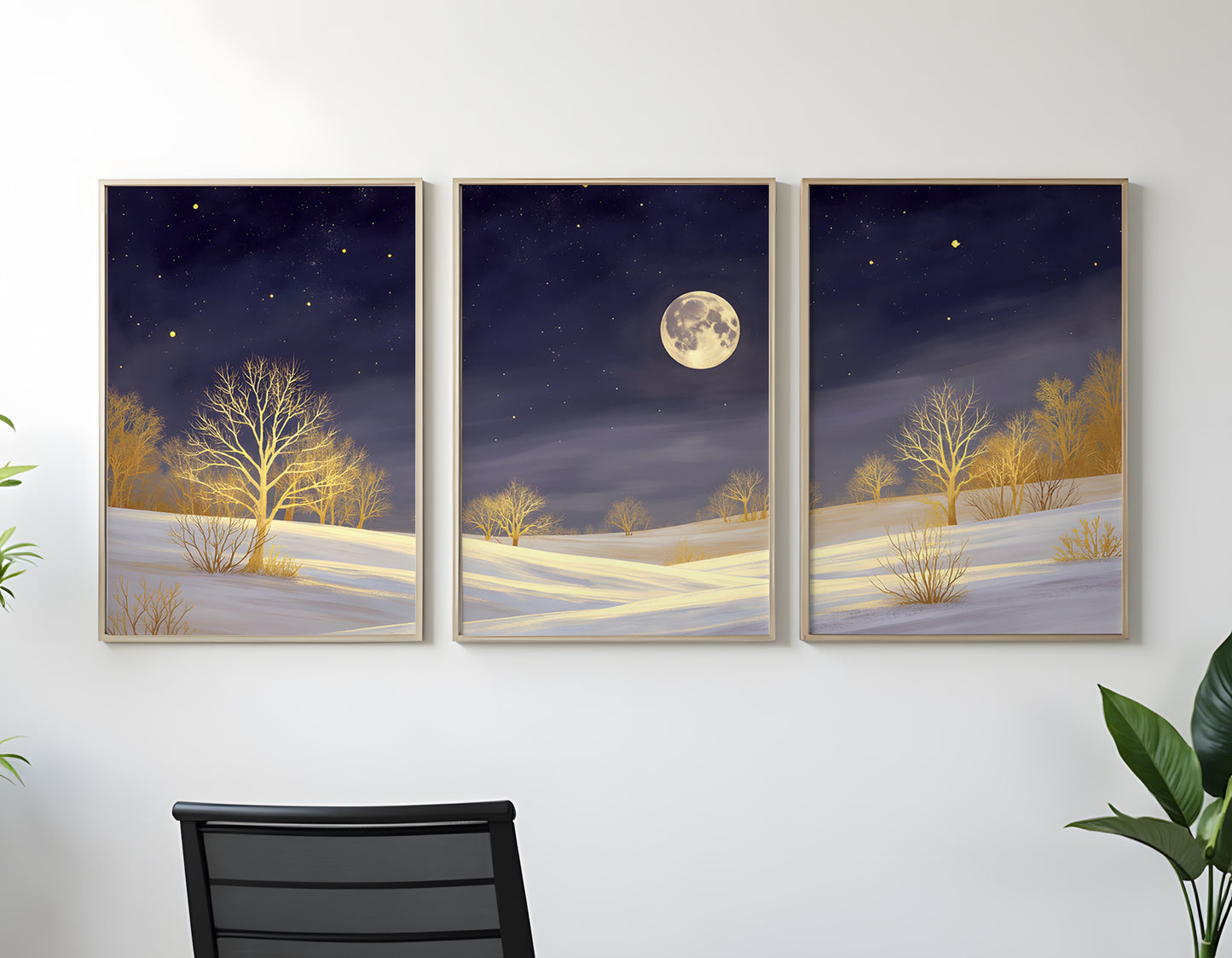 Golden Moonlight Triptych Wall Art: Modern 3 Panel Wall Prints (Digital Download)