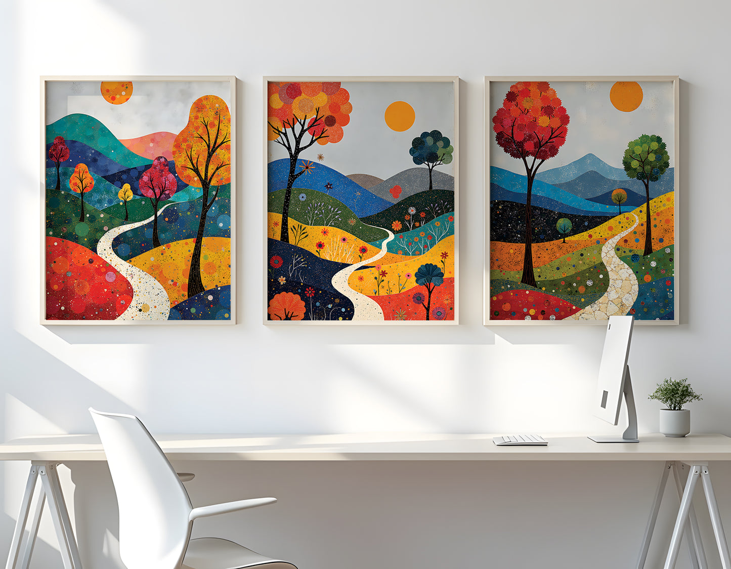 December Landscape Triptych, Vibrant Mixed Media Wall Art, Winter Digital Download, 3 Panel Printable Artwork, 24x36 JPG, Modern Living Room Decor