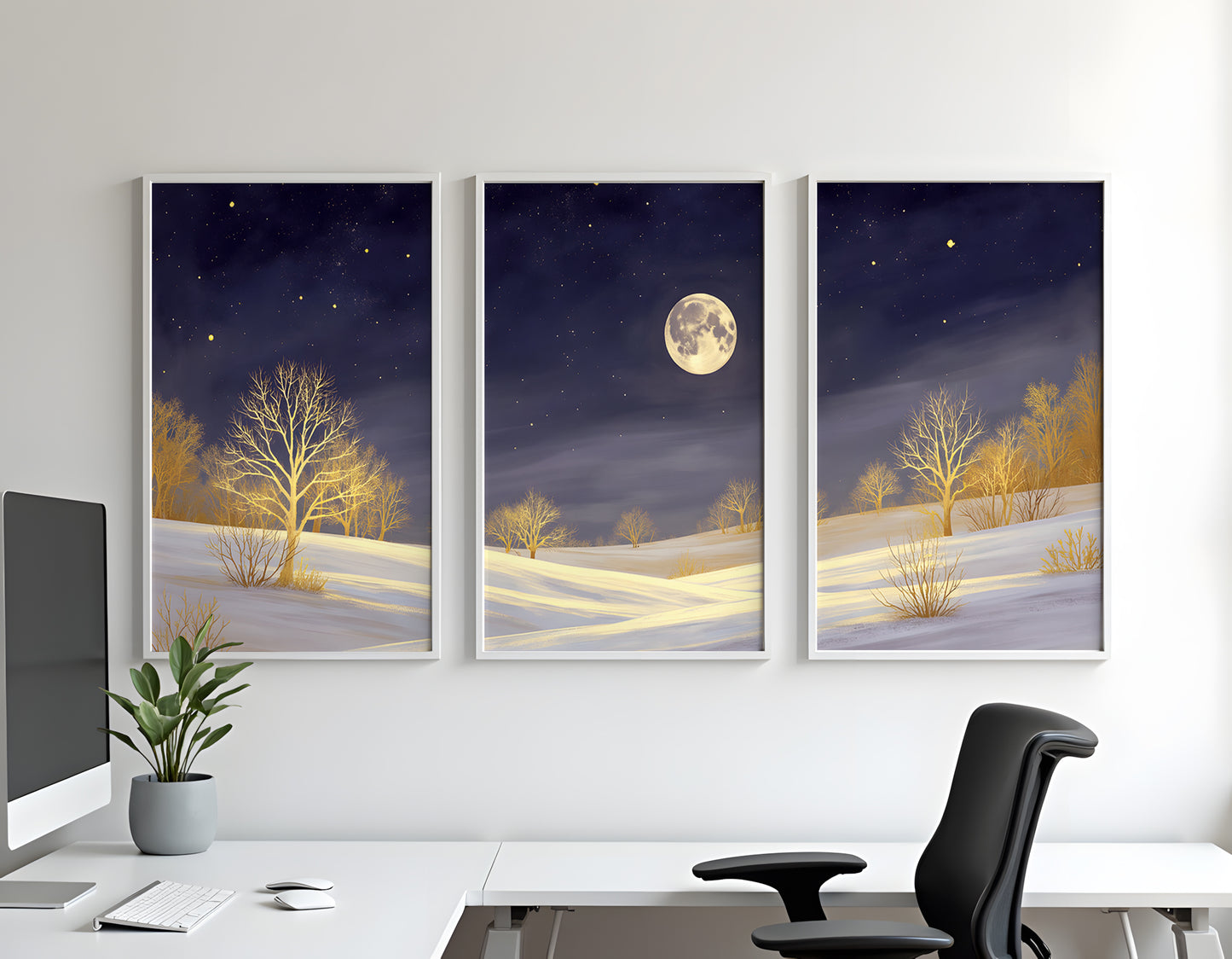 Golden Moonlight Triptych Wall Art: Modern 3 Panel Wall Prints (Digital Download)