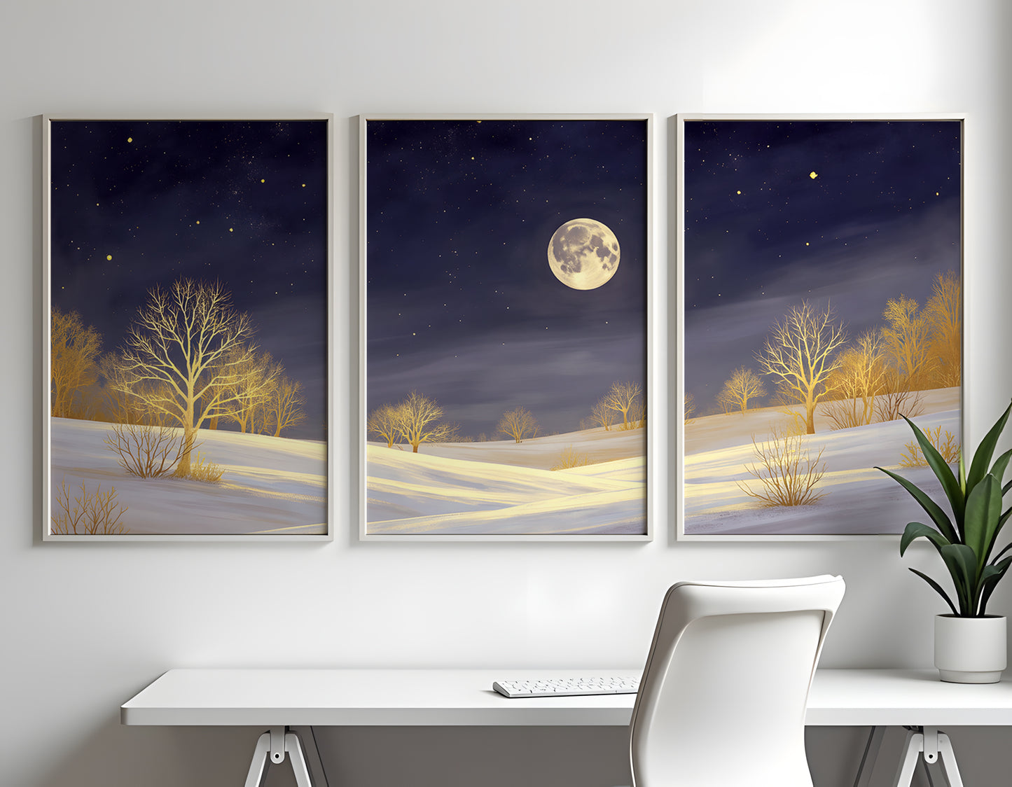 Golden Moonlight Triptych Wall Art: Modern 3 Panel Wall Prints (Digital Download)