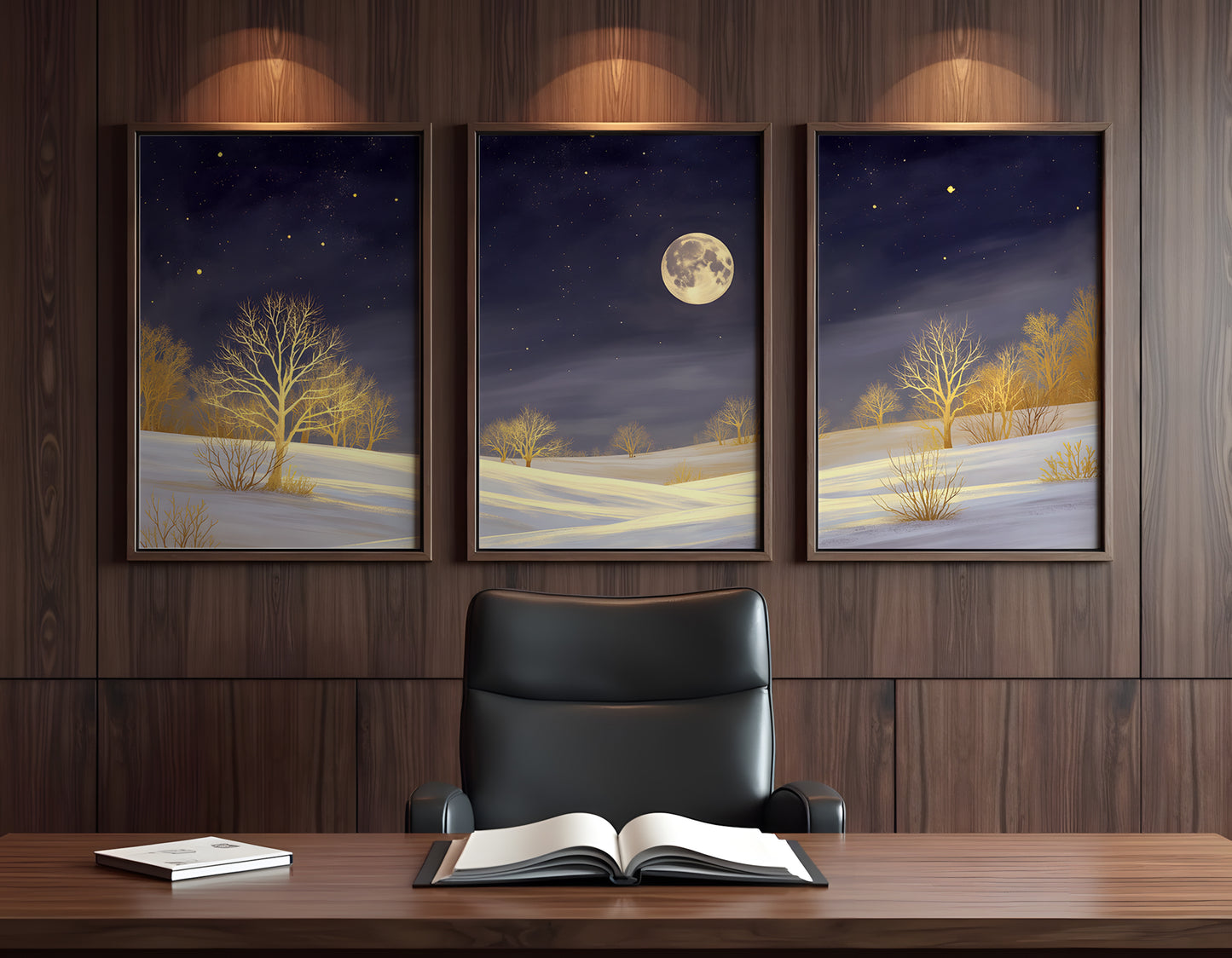 Golden Moonlight Triptych Wall Art: Modern 3 Panel Wall Prints (Digital Download)