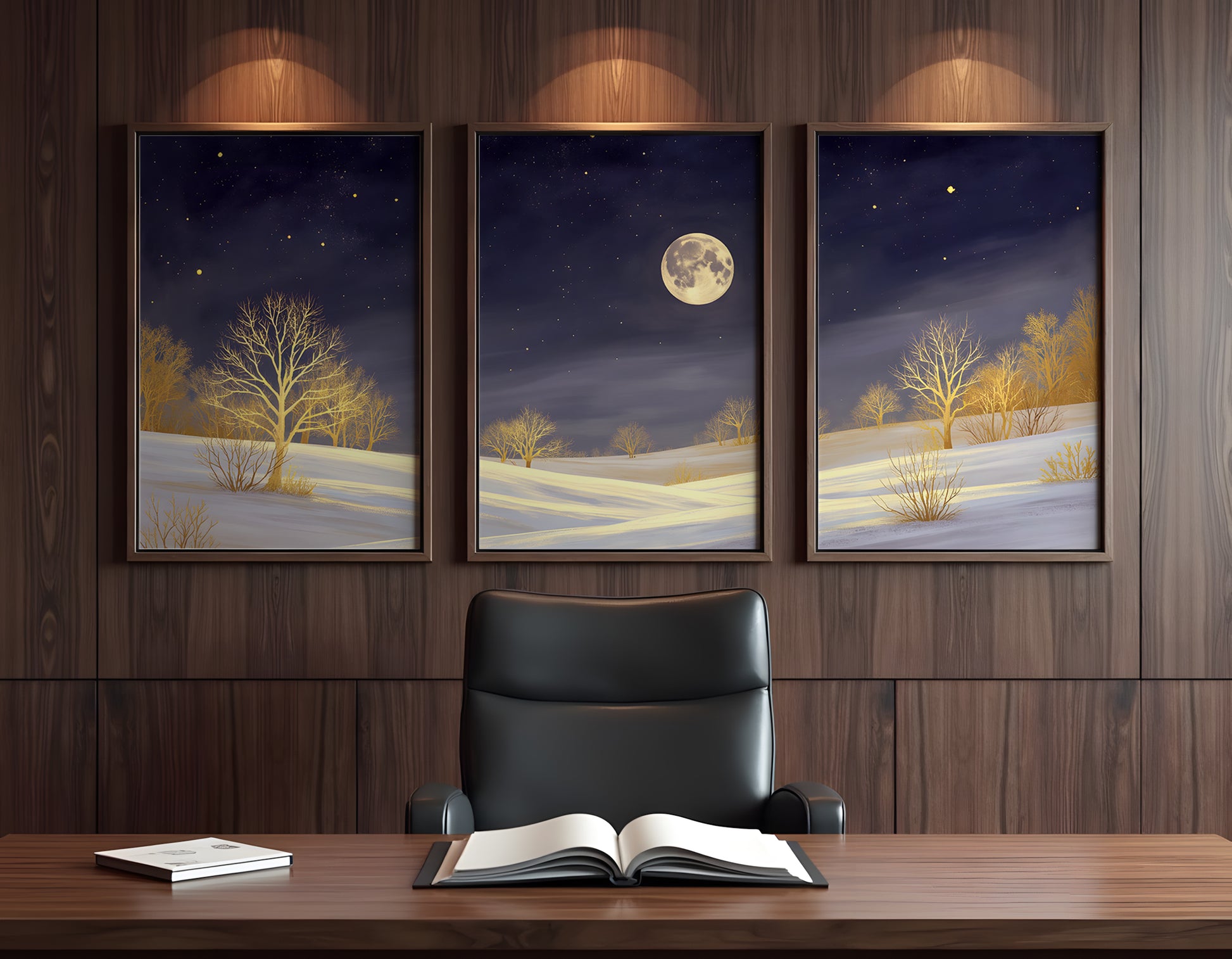Golden Moonlight Triptych Wall Art: Modern 3 Panel Wall Prints (Digital Download)