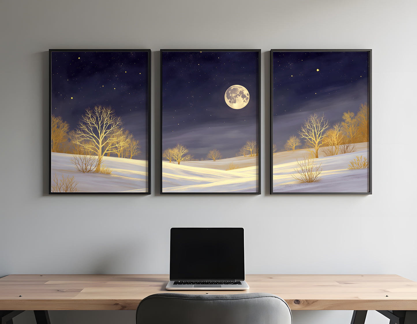 Golden Moonlight Triptych Wall Art: Modern 3 Panel Wall Prints (Digital Download)