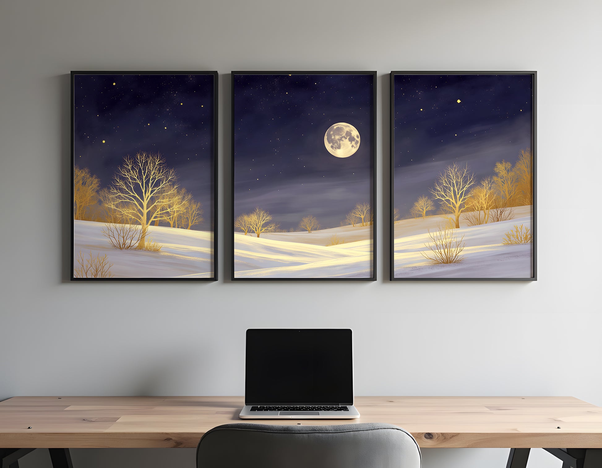 Golden Moonlight Triptych Wall Art: Modern 3 Panel Wall Prints (Digital Download)