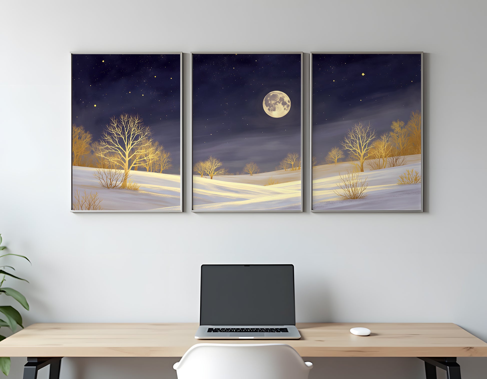 Three-panel wall art depicting a snowy landscape with a full moon above a desk with a laptop.