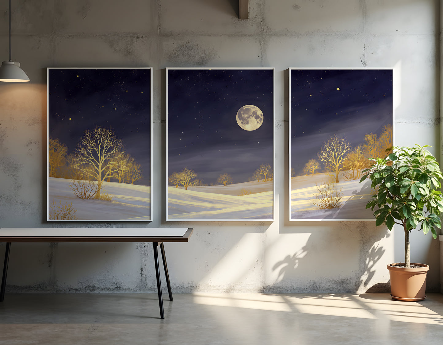 Golden Moonlight Triptych Wall Art: Modern 3 Panel Wall Prints (Digital Download)