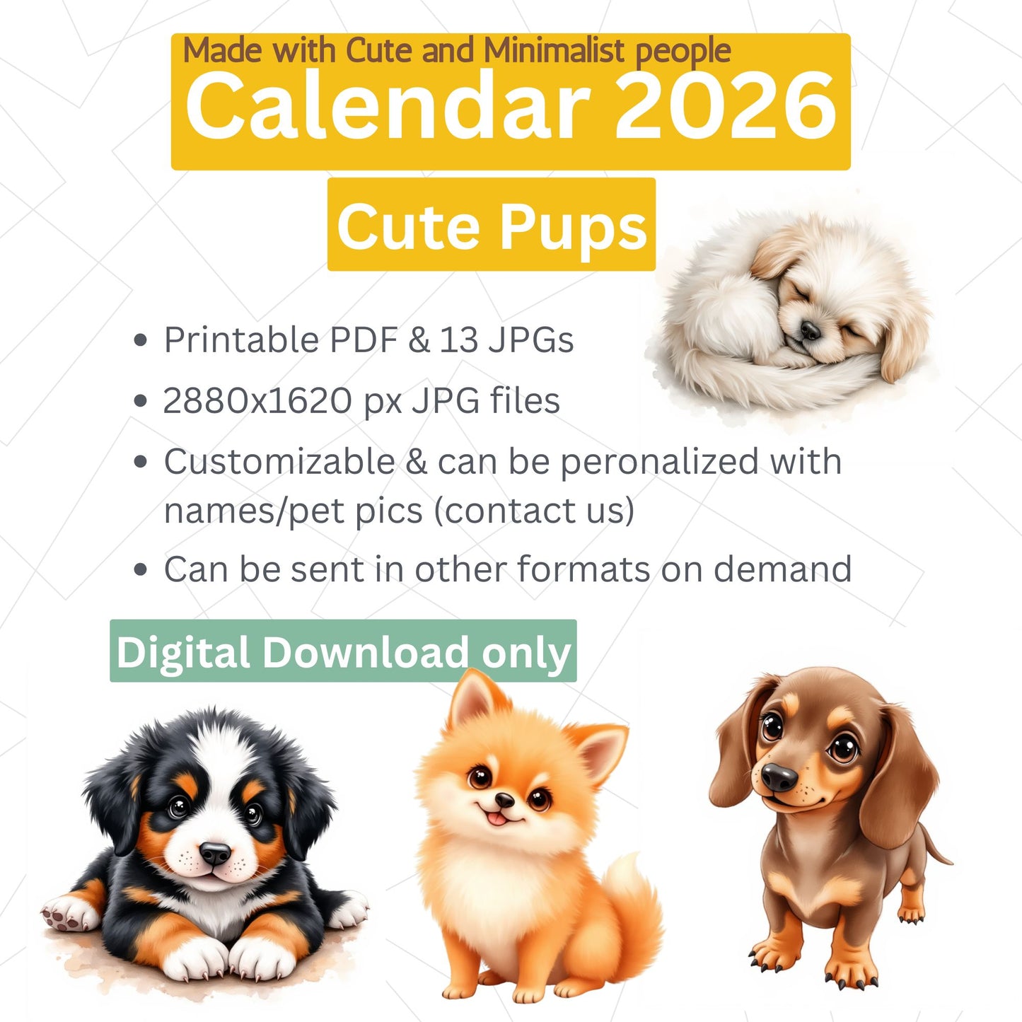 Cute Pups - Printable 2026 Calendar | Watercolor Puppies Clipart | Monthly Wall Art | PDF + 13 JPEG Files