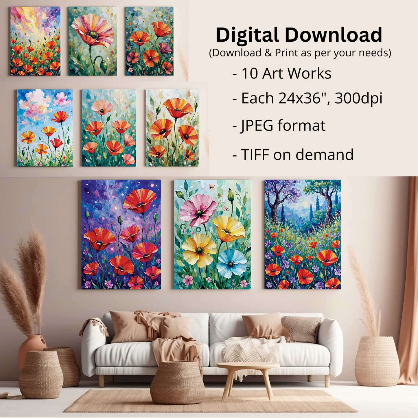 Bundle of 10 Wild Poppy Flower Oil Paintings | Digital Download Wall Art | Large 24x36 inch 300 DPI Prints for Living Room, Bedroom, Kitchen, Office Decor