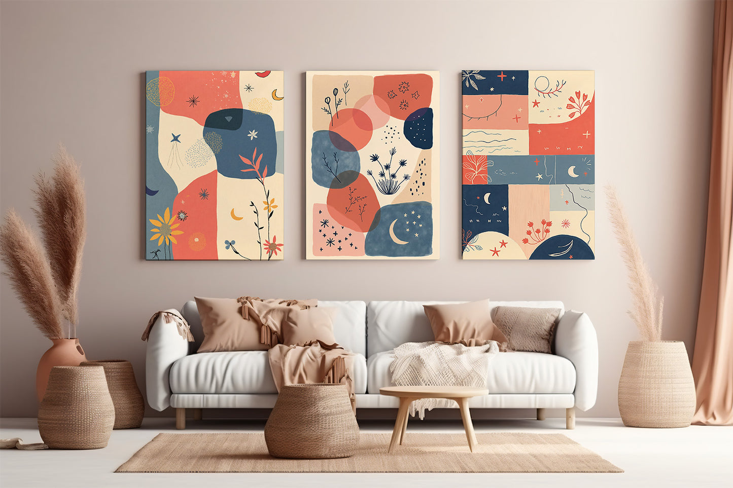 Set of 3 Boho Art | Minimalist Neutral Decor | 24x36 inch 300 DPI Digital Download | Calming Modern Art for Living Room, Bedroom, or Office