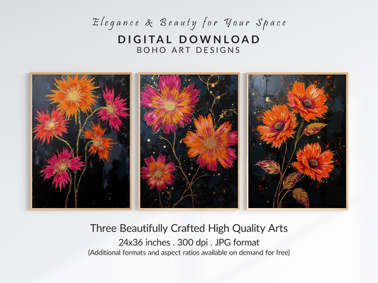 Set of 3 Boho Wall Art Prints | 24x36 inch 300 DPI Digital Download | Calming Modern Art for Living Room, Bedroom, or Office