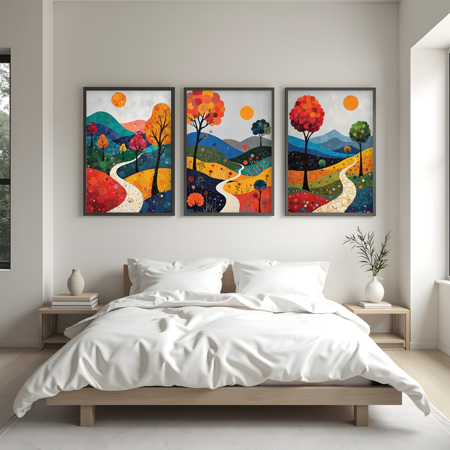 December Landscape Triptych, Vibrant Mixed Media Wall Art, Winter Digital Download, 3 Panel Printable Artwork, 24x36 JPG, Modern Living Room Decor