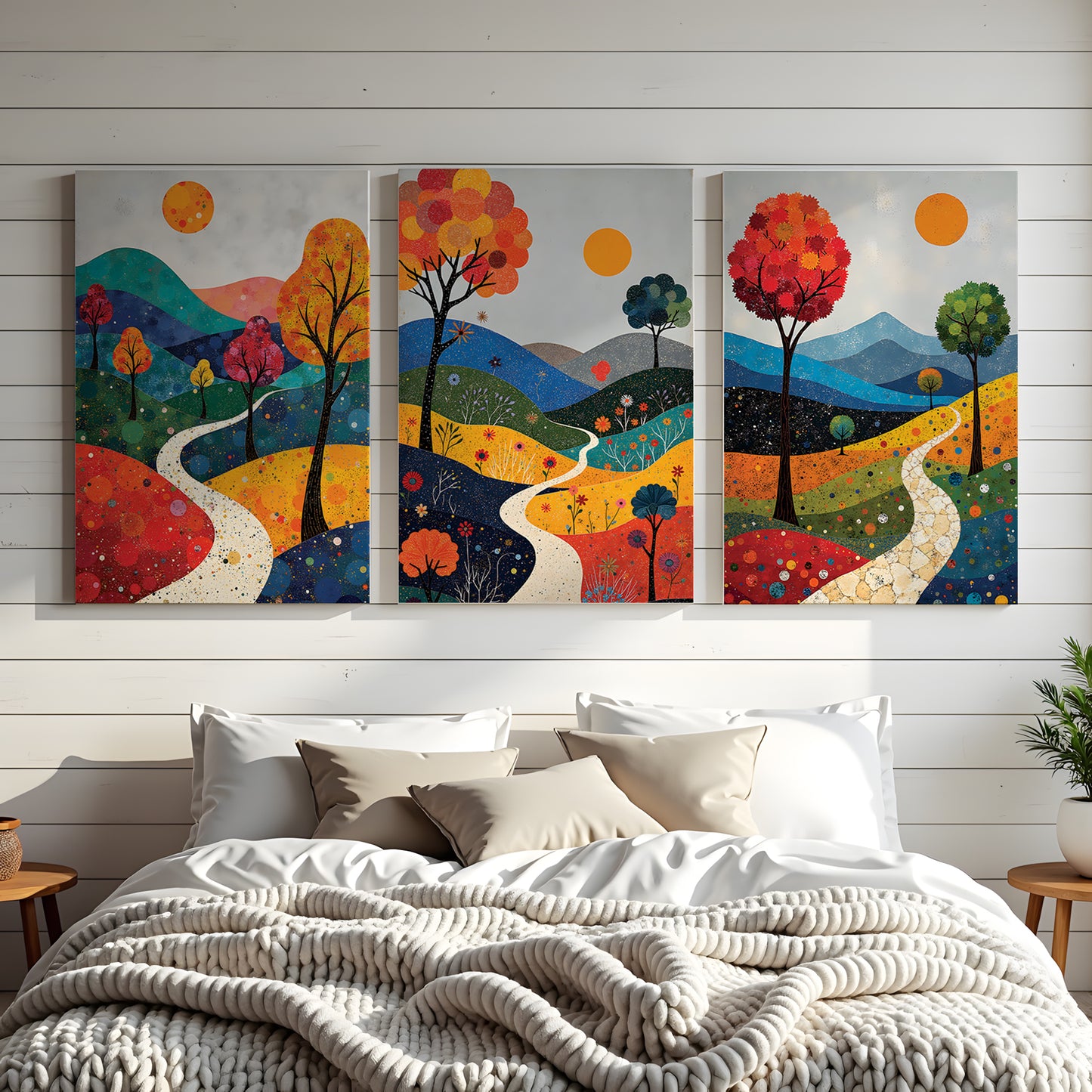 December Landscape Triptych, Vibrant Mixed Media Wall Art, Winter Digital Download, 3 Panel Printable Artwork, 24x36 JPG, Modern Living Room Decor