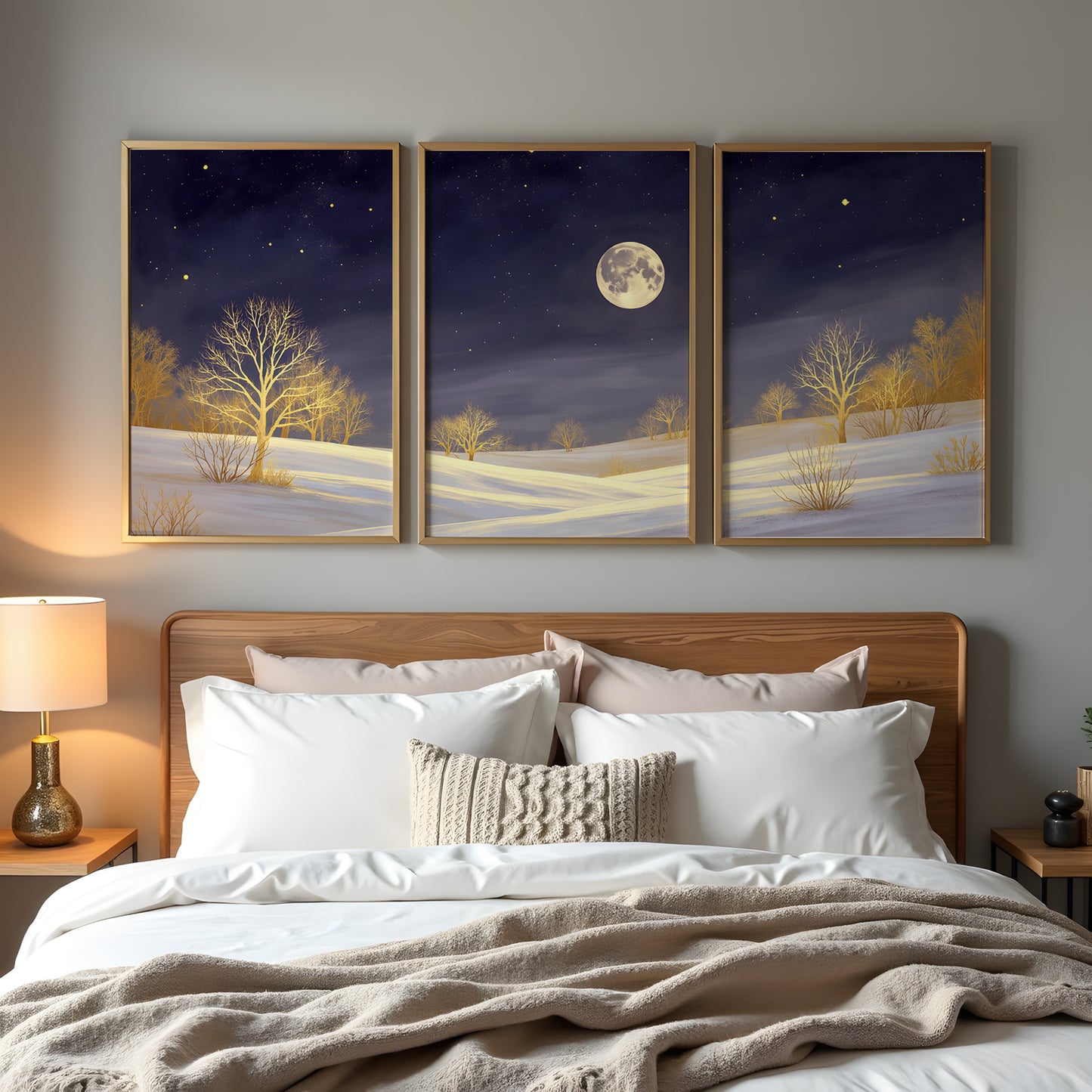 Golden Moonlight Triptych Wall Art: Modern 3 Panel Wall Prints (Digital Download)