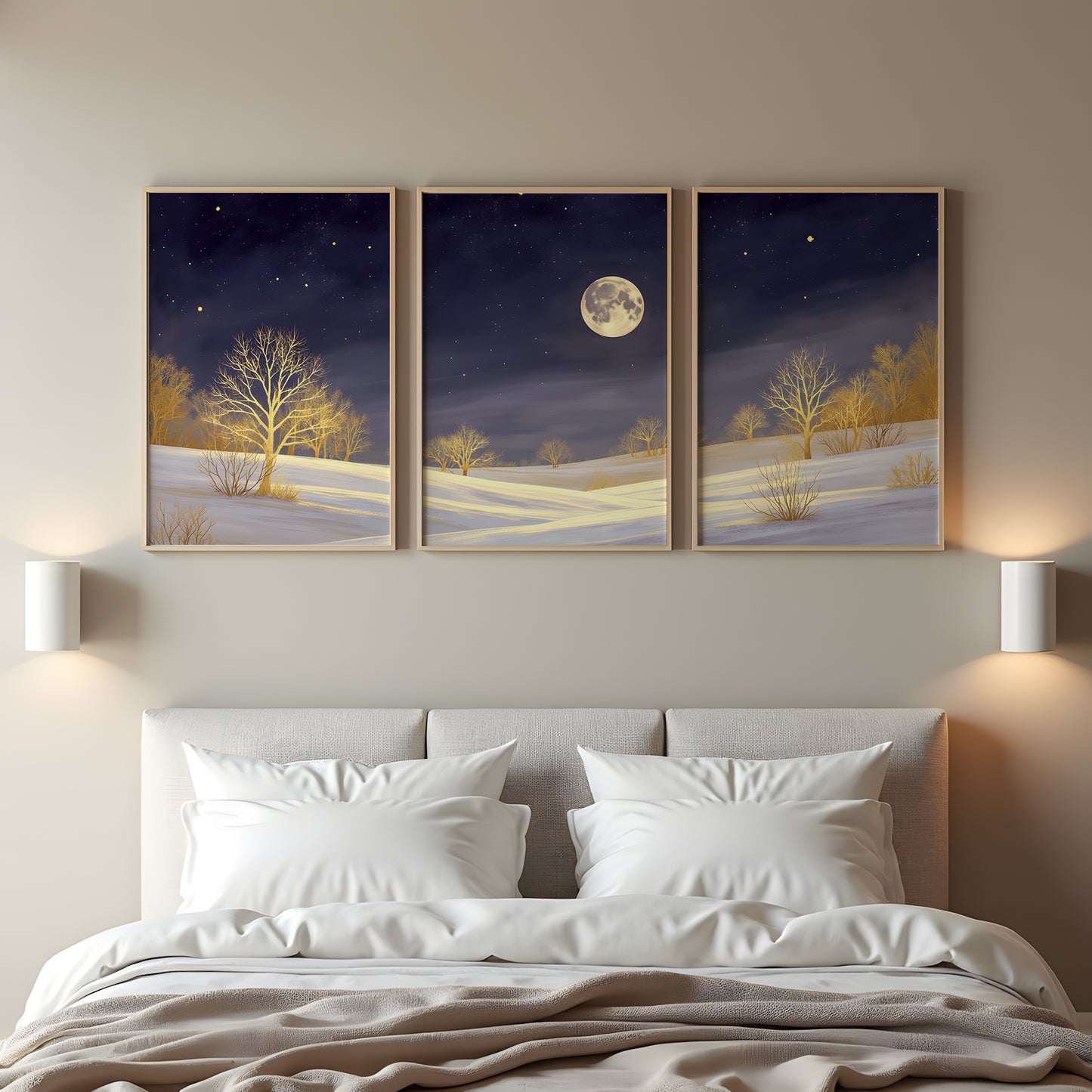 Golden Moonlight Triptych Wall Art: Modern 3 Panel Wall Prints (Digital Download)