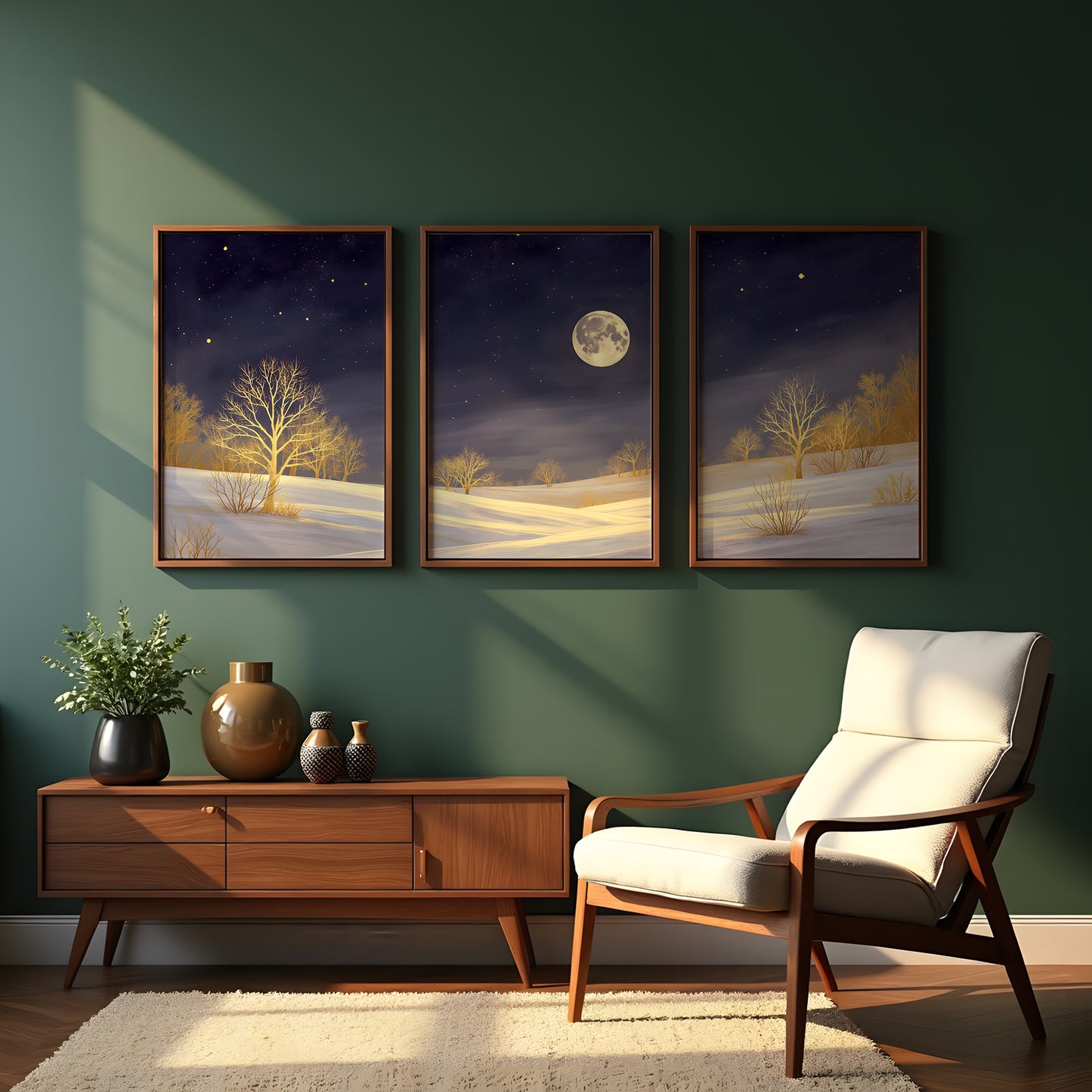 Golden Moonlight Triptych Wall Art: Modern 3 Panel Wall Prints (Digital Download)