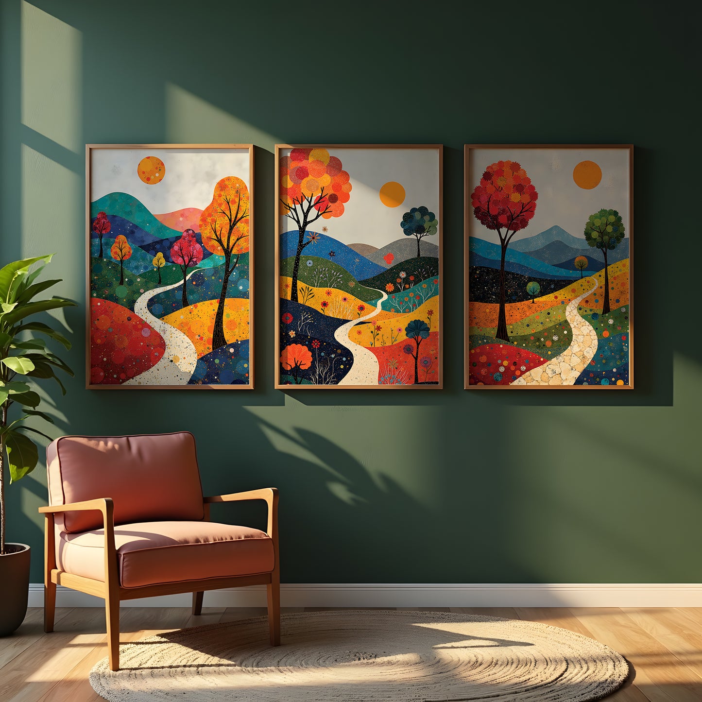 December Landscape Triptych, Vibrant Mixed Media Wall Art, Winter Digital Download, 3 Panel Printable Artwork, 24x36 JPG, Modern Living Room Decor