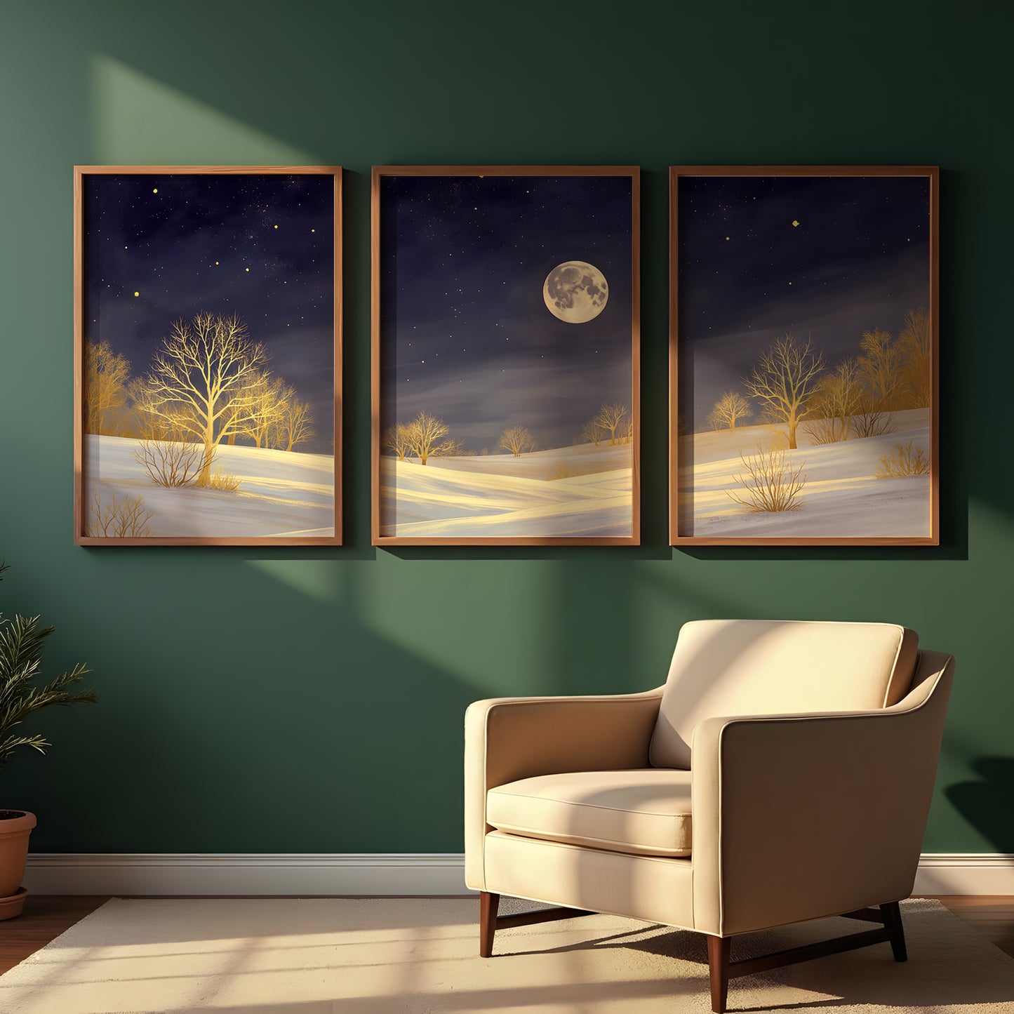 Golden Moonlight Triptych Wall Art: Modern 3 Panel Wall Prints (Digital Download)