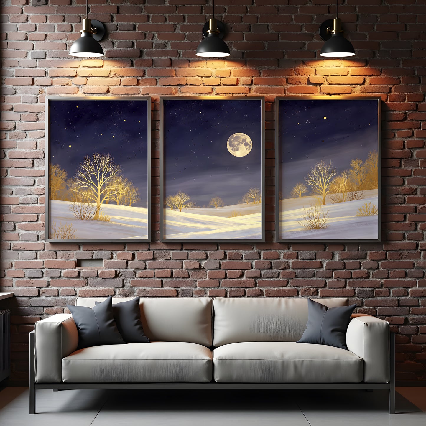 Golden Moonlight Triptych Wall Art: Modern 3 Panel Wall Prints (Digital Download)