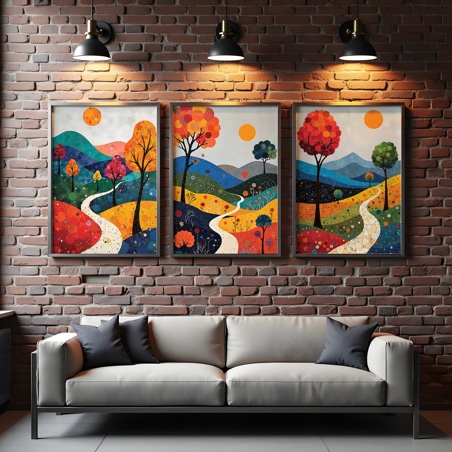 December Landscape Triptych, Vibrant Mixed Media Wall Art, Winter Digital Download, 3 Panel Printable Artwork, 24x36 JPG, Modern Living Room Decor