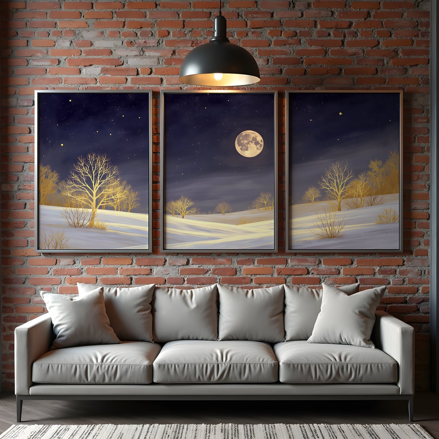 Golden Moonlight Triptych Wall Art: Modern 3 Panel Wall Prints (Digital Download)