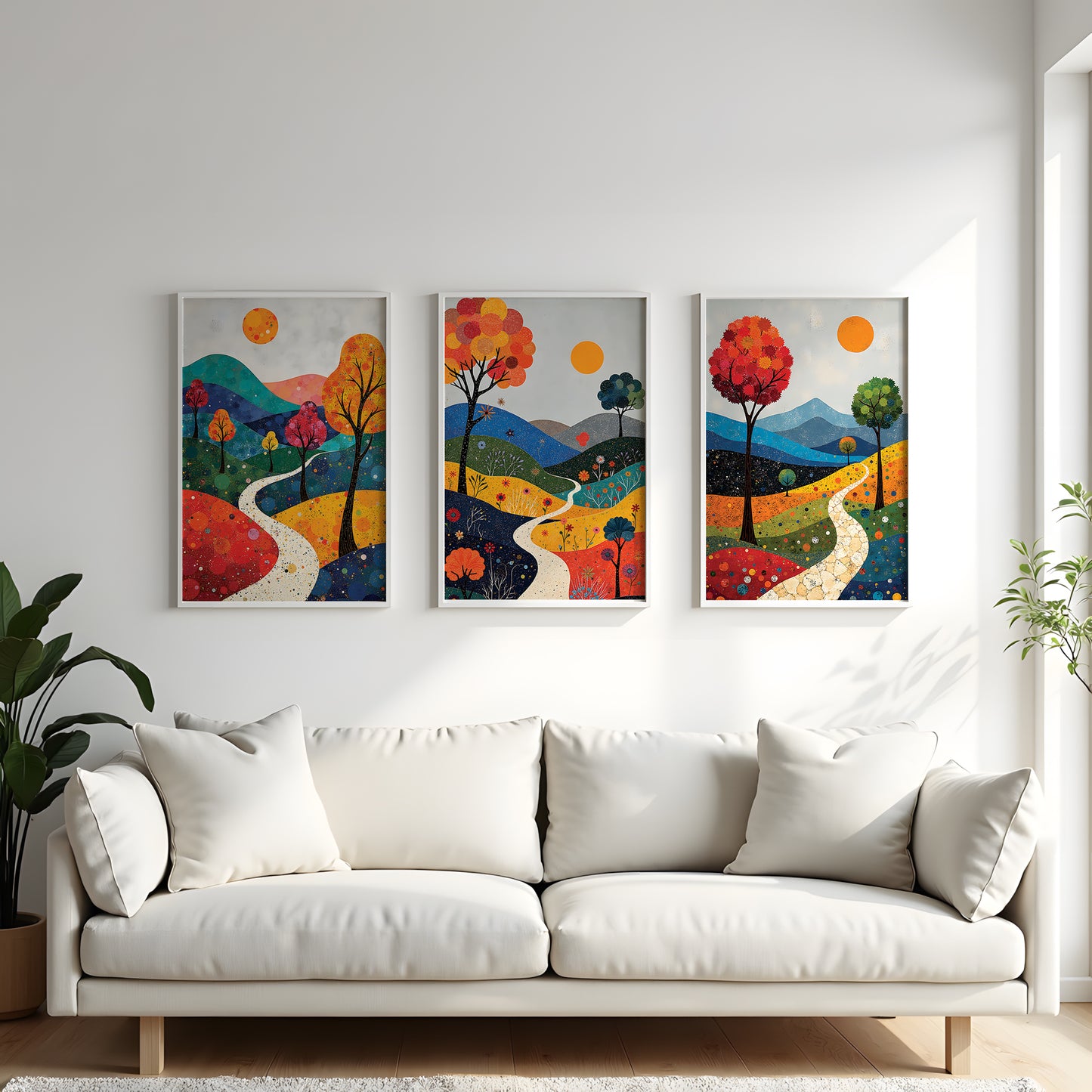 December Landscape Triptych, Vibrant Mixed Media Wall Art, Winter Digital Download, 3 Panel Printable Artwork, 24x36 JPG, Modern Living Room Decor