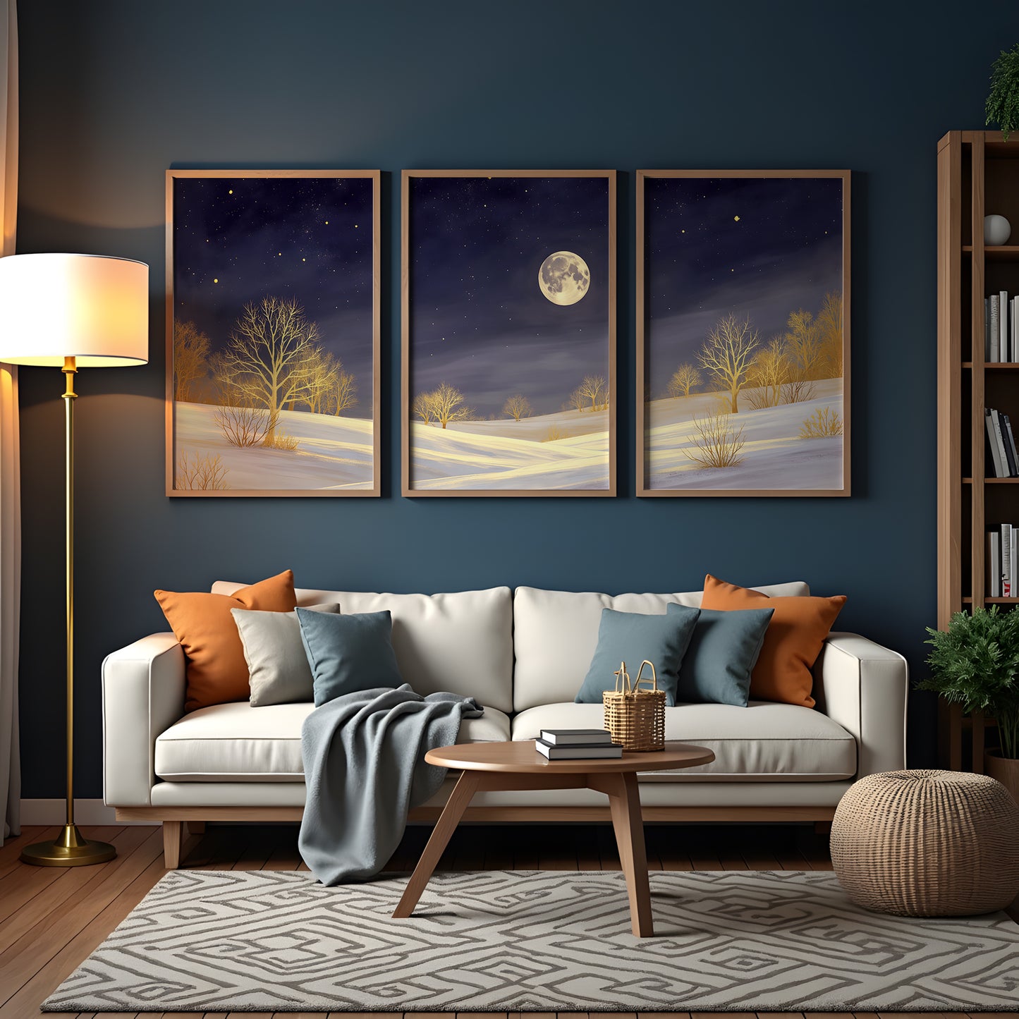 Golden Moonlight Triptych Wall Art: Modern 3 Panel Wall Prints (Digital Download)