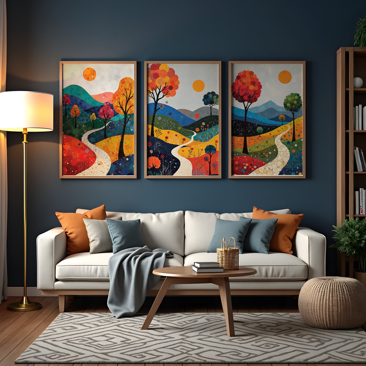 December Landscape Triptych, Vibrant Mixed Media Wall Art, Winter Digital Download, 3 Panel Printable Artwork, 24x36 JPG, Modern Living Room Decor