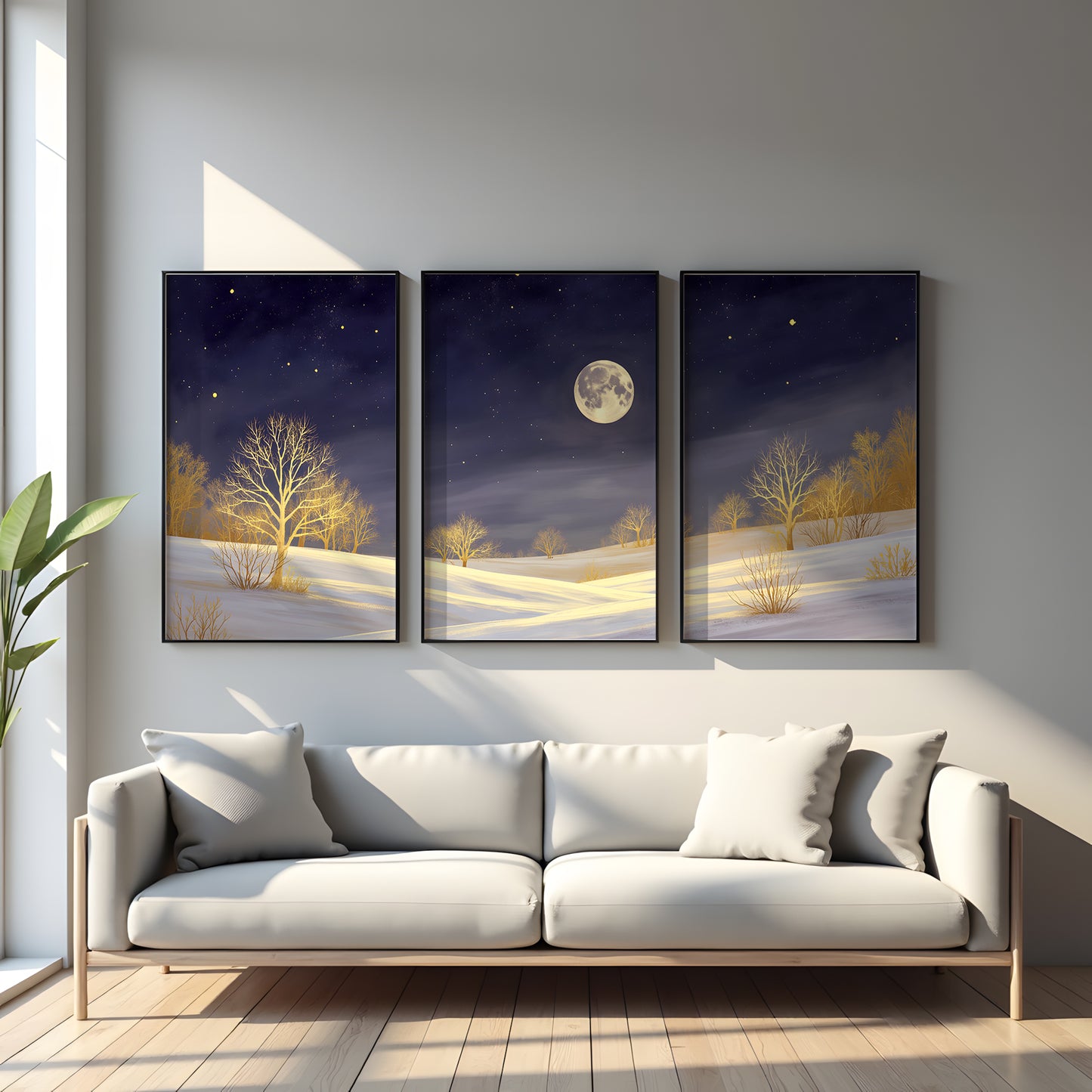 Golden Moonlight Triptych Wall Art: Modern 3 Panel Wall Prints (Digital Download)