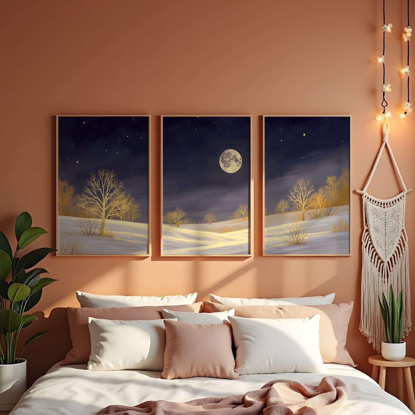 Golden Moonlight Triptych Wall Art: Modern 3 Panel Wall Prints (Digital Download)