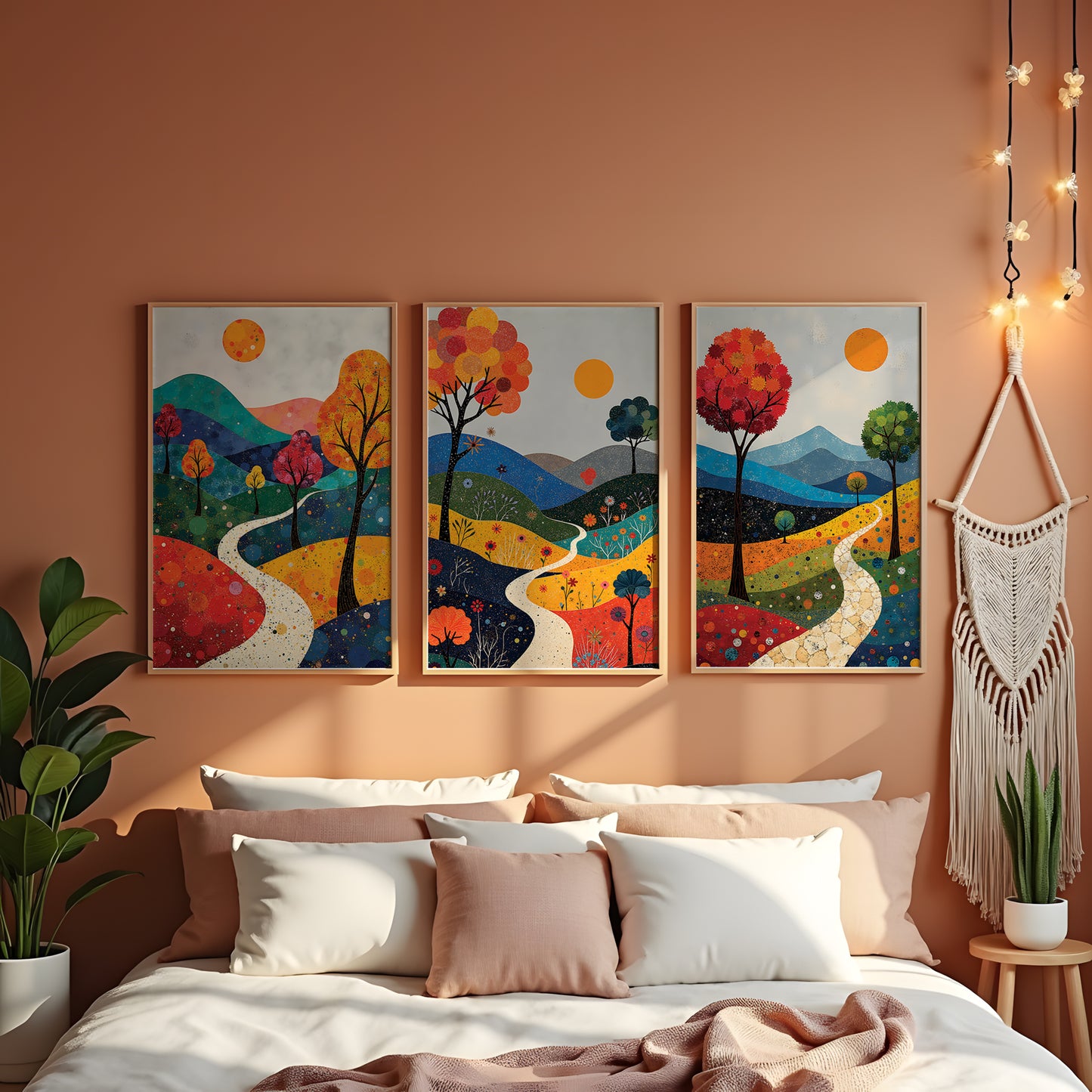 December Landscape Triptych, Vibrant Mixed Media Wall Art, Winter Digital Download, 3 Panel Printable Artwork, 24x36 JPG, Modern Living Room Decor