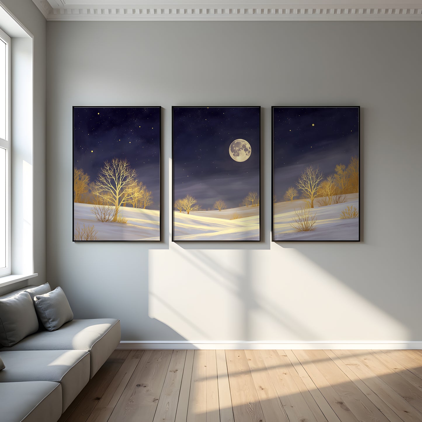Golden Moonlight Triptych Wall Art: Modern 3 Panel Wall Prints (Digital Download)