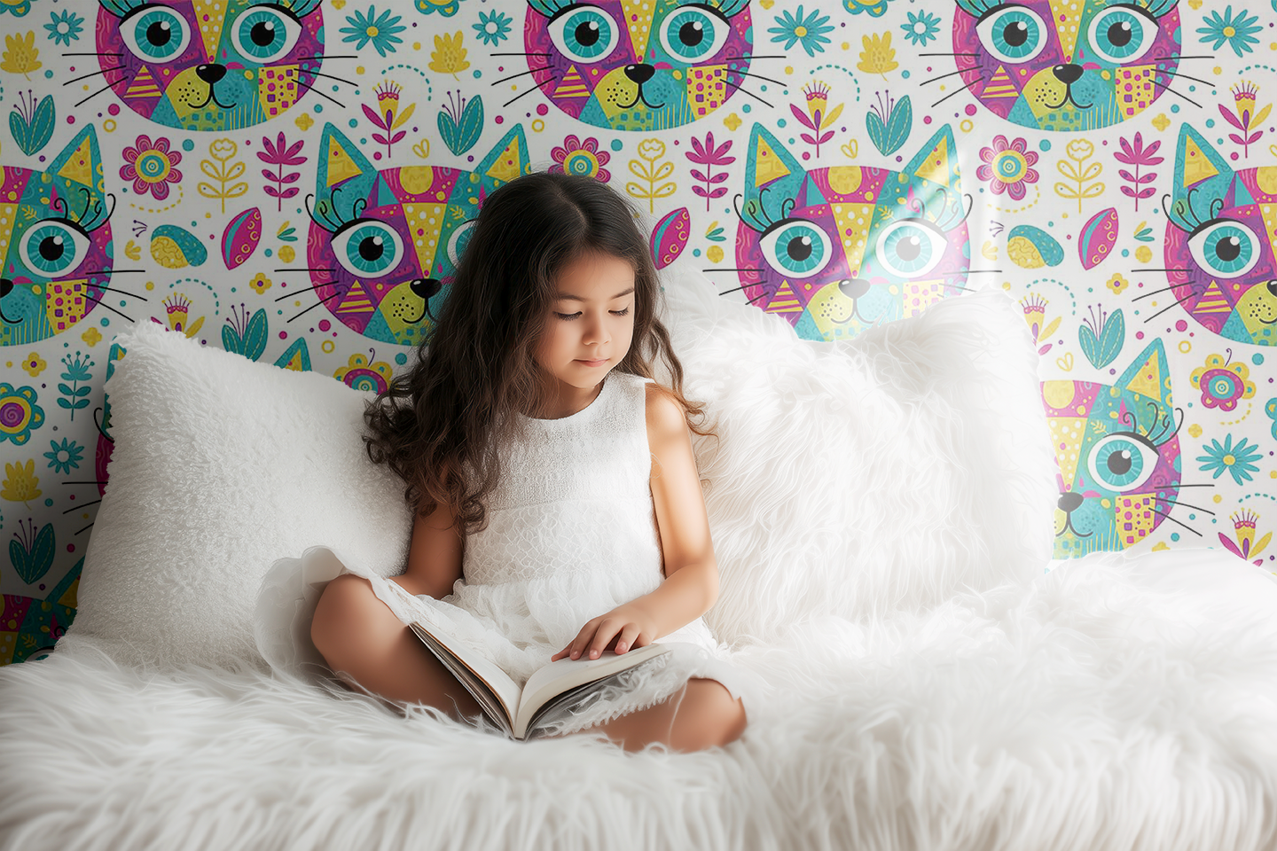 Seamless Cat Head Pattern | Cute Colorful Foliage Digital Download for Wallpaper, Fabric, Gifts & Crafts