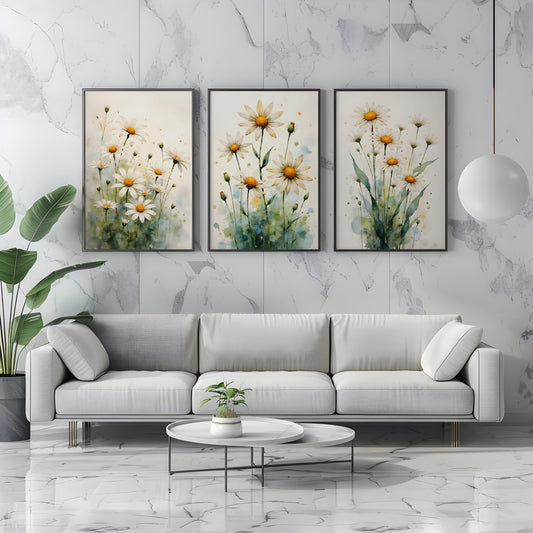 Daisies Watercolor Digital Art – Set of 4 Prints in 6 Standard Sizes for Instant Download - Triptych Wall Art