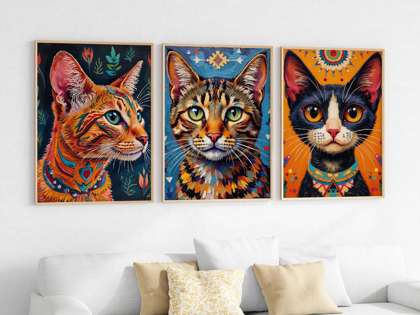 Navajo Cat Art Prints – Digital Wall Art Set of 3, Geometric Pattern Cats, High-Res Printable Decor