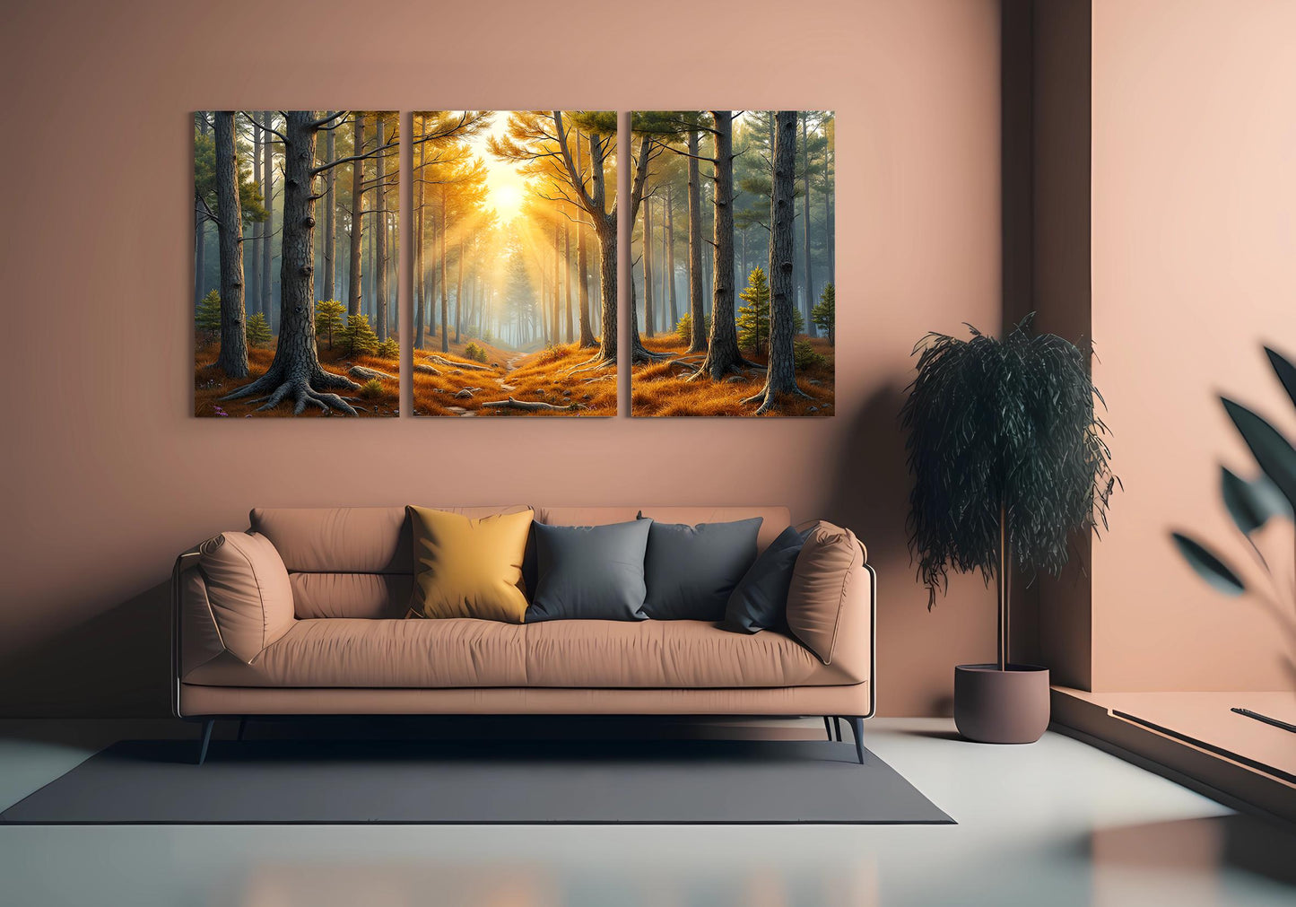 Pine Forest Sunrise Triptych | Surreal Wall Art | Digital Painting Triptych | Elegant & Beautiful Wall Art | Digital Art Download