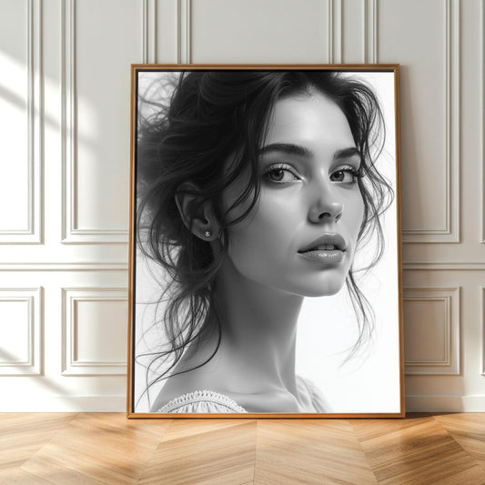 Beautiful Lady Portrait - Black and White | Digital Wall Art | Elegant Female Face | Printable Decor | B&W Aesthetic Art Download