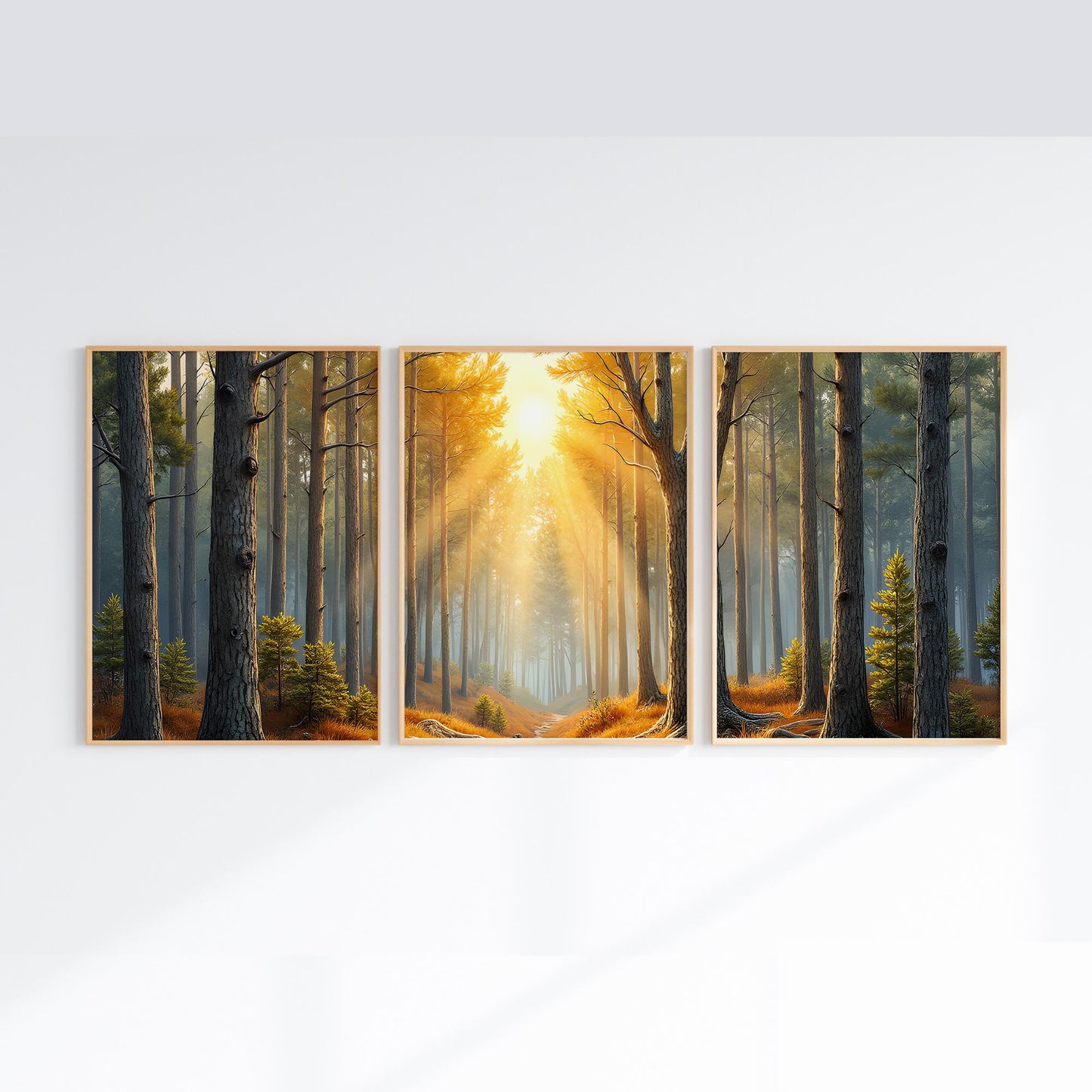 Pine Forest Sunrise Triptych | Surreal Wall Art | Digital Painting Triptych | Elegant & Beautiful Wall Art | Digital Art Download