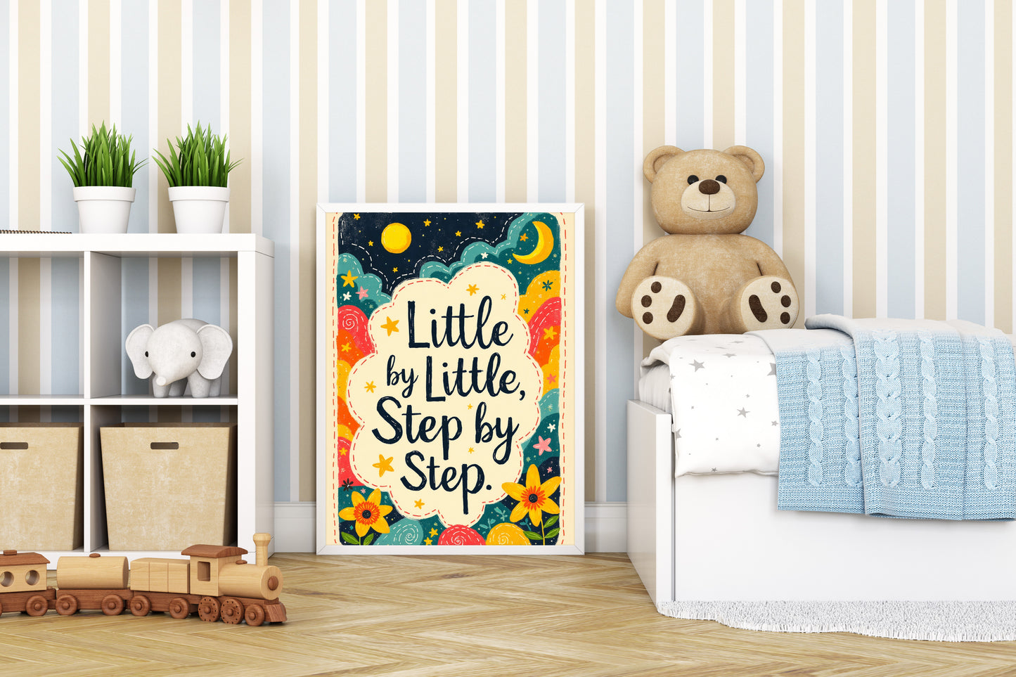 Little By Little Step by Step Quote Print | Vintage Style Wall Art | 24x36 inch 300 DPI Digital Download | Calming Inspirational Poster for Home or Office