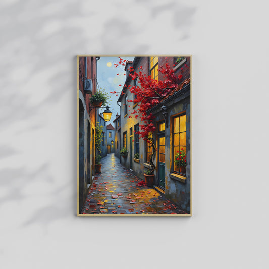 European City Street Art – Digital Oil Painting Set of 3, Fall Cobblestone Alley Prints, Instant Download
