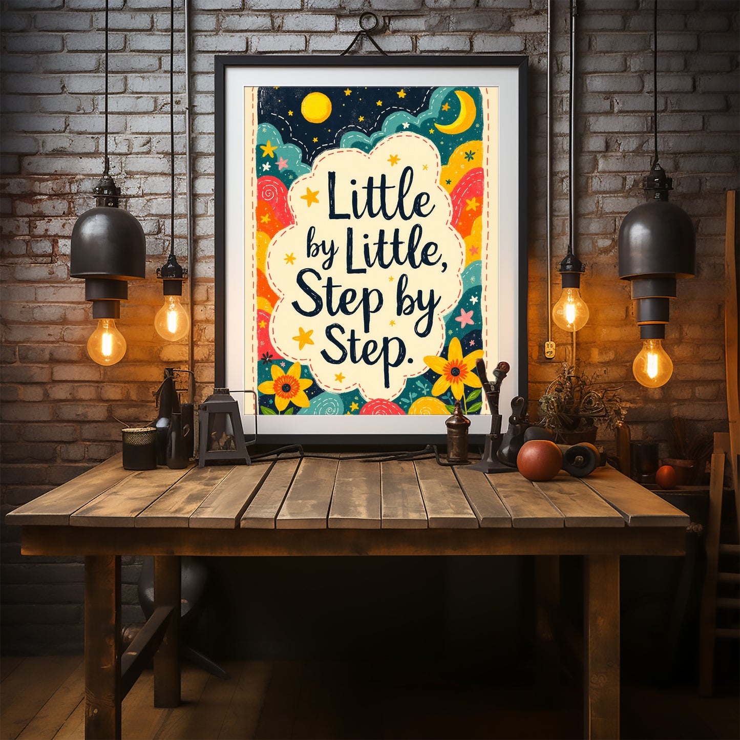 Little By Little Step by Step Quote Print | Vintage Style Wall Art | 24x36 inch 300 DPI Digital Download | Calming Inspirational Poster for Home or Office