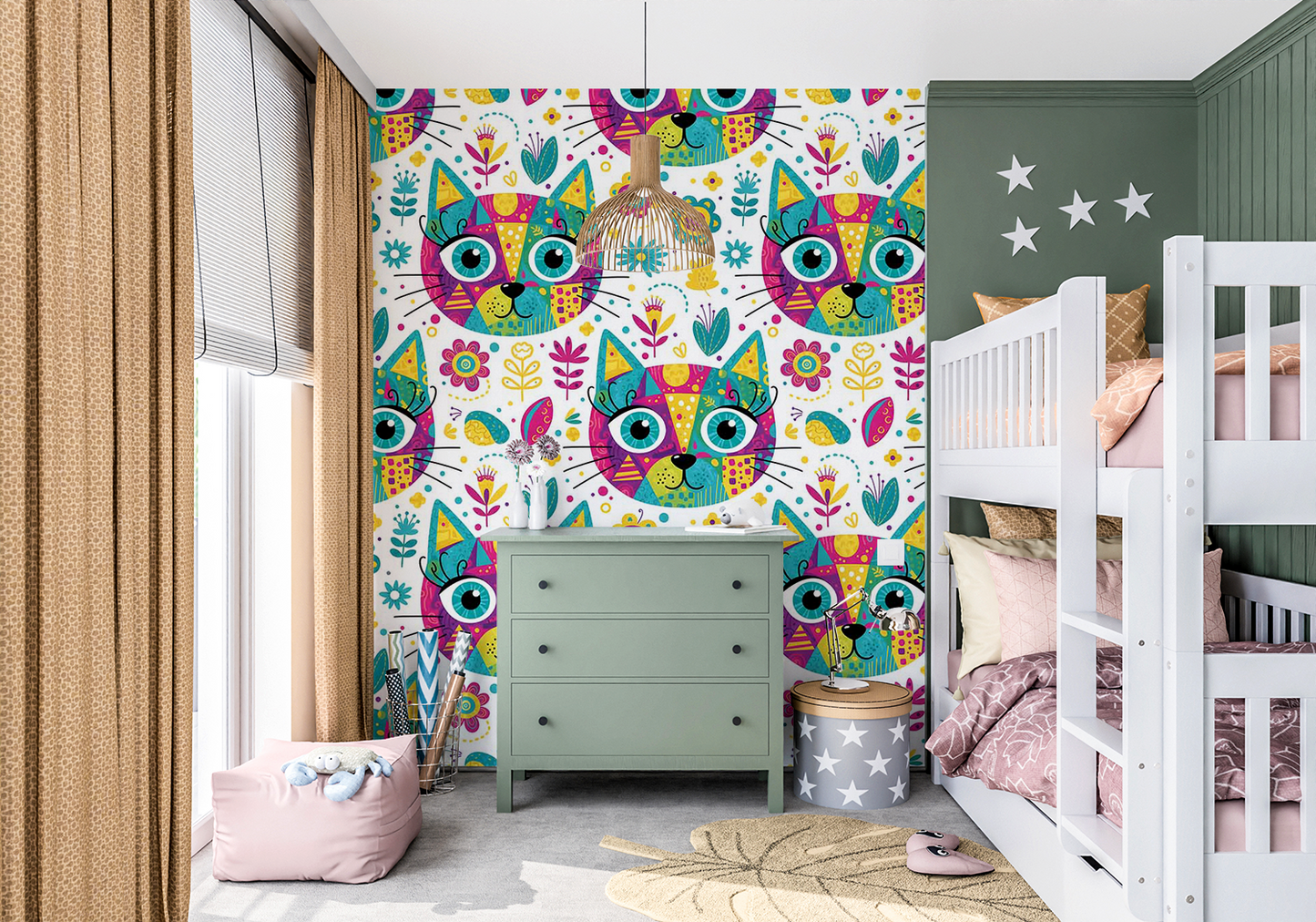 Seamless Cat Head Pattern | Cute Colorful Foliage Digital Download for Wallpaper, Fabric, Gifts & Crafts