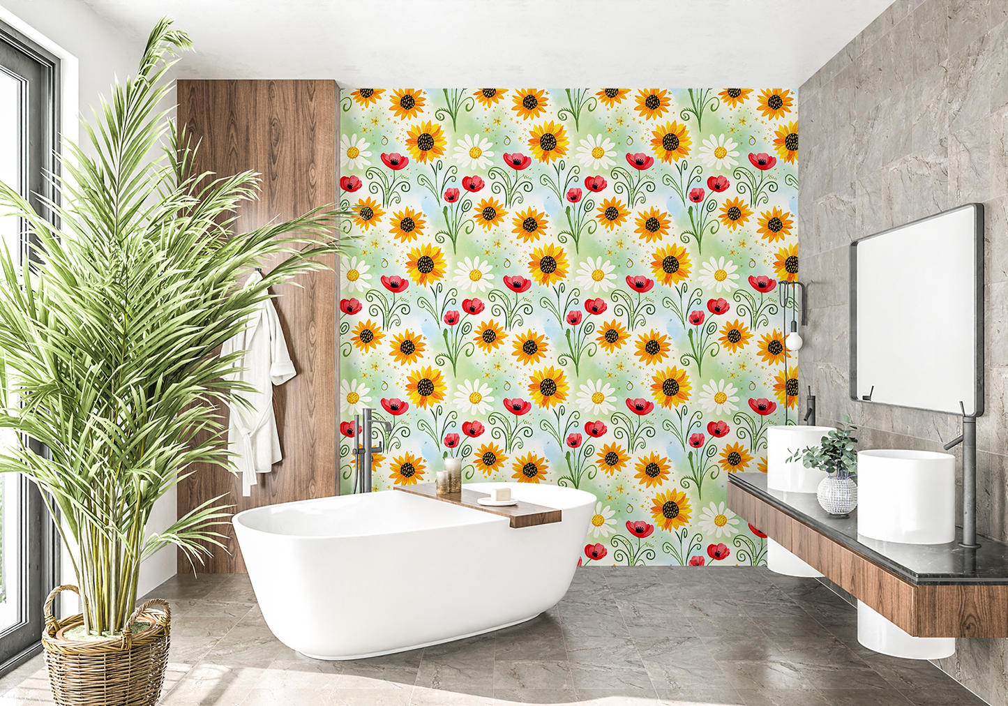 Whimsical Floral Wallpaper | Daisy, Poppy & Sunflower Digital Art | Elegant Seamless Pattern | Printable Wall Decor