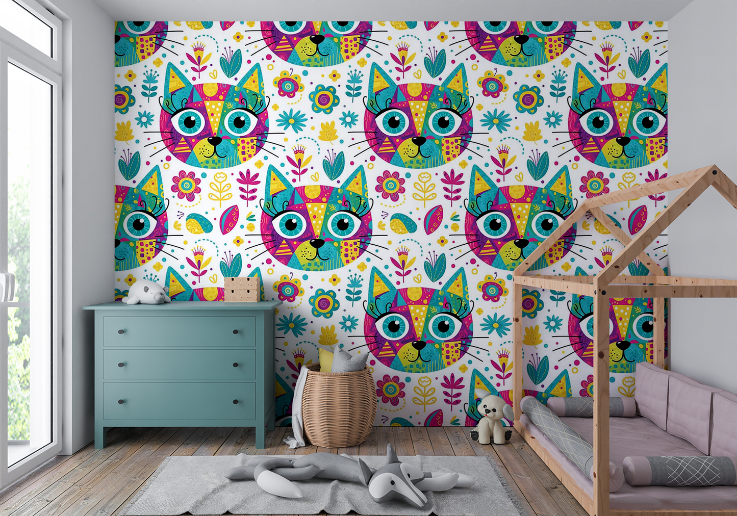 Seamless Cat Head Pattern | Cute Colorful Foliage Digital Download for Wallpaper, Fabric, Gifts & Crafts