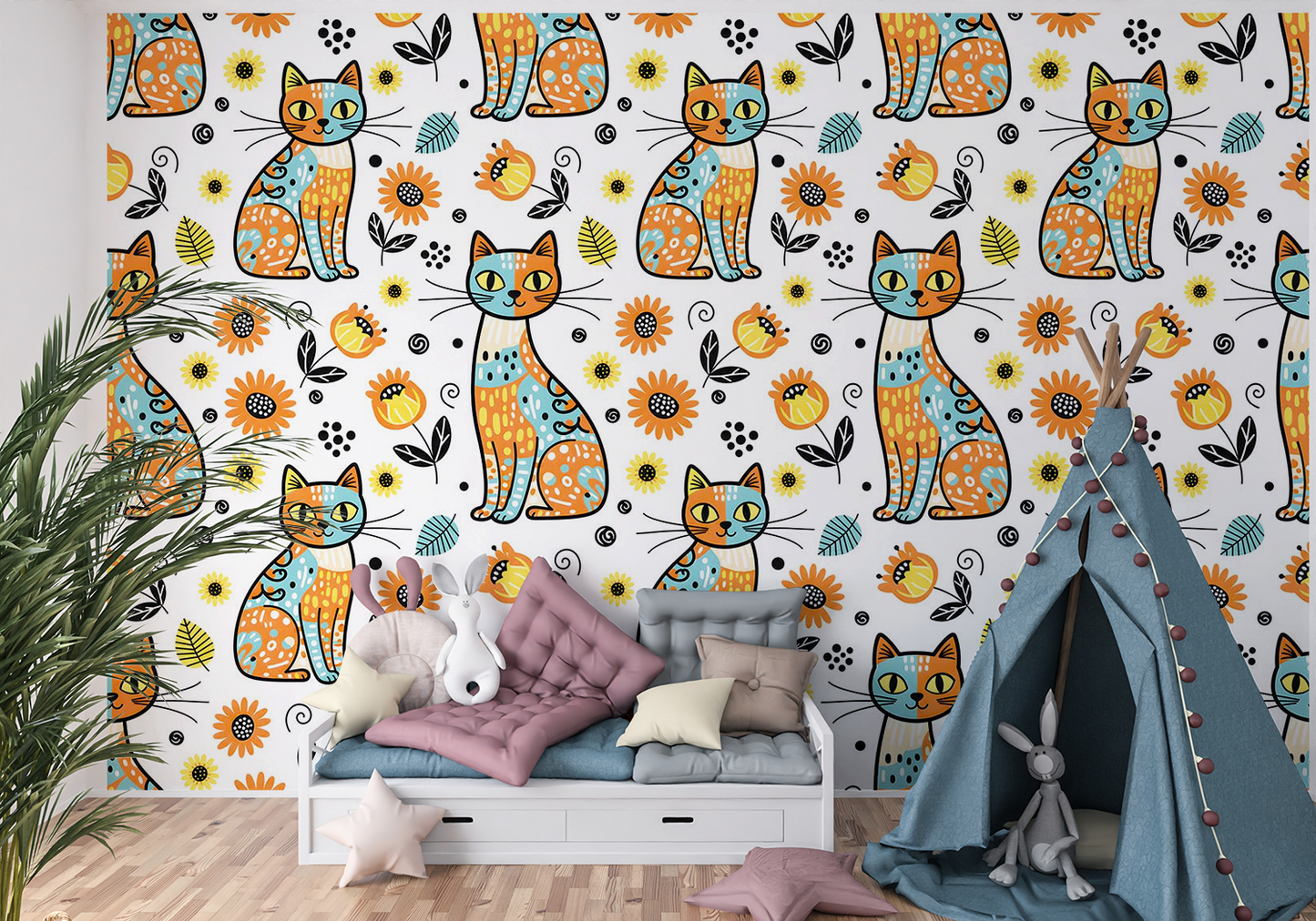 Cat and Foliage Cute Wallpaper | High Quality Seamless Digital Paper for Wallpaper, Fabric, Gifts & Crafts