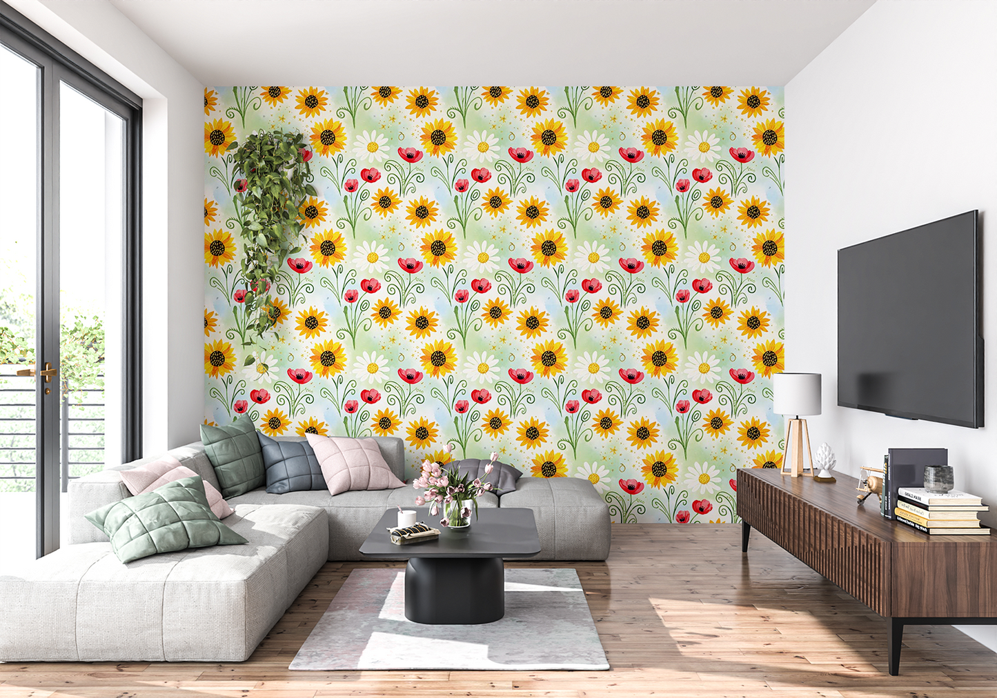 Whimsical Floral Wallpaper | Daisy, Poppy & Sunflower Digital Art | Elegant Seamless Pattern | Printable Wall Decor