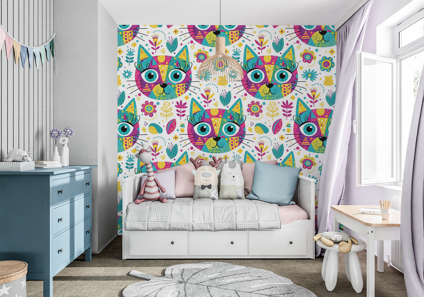 Seamless Cat Head Pattern | Cute Colorful Foliage Digital Download for Wallpaper, Fabric, Gifts & Crafts